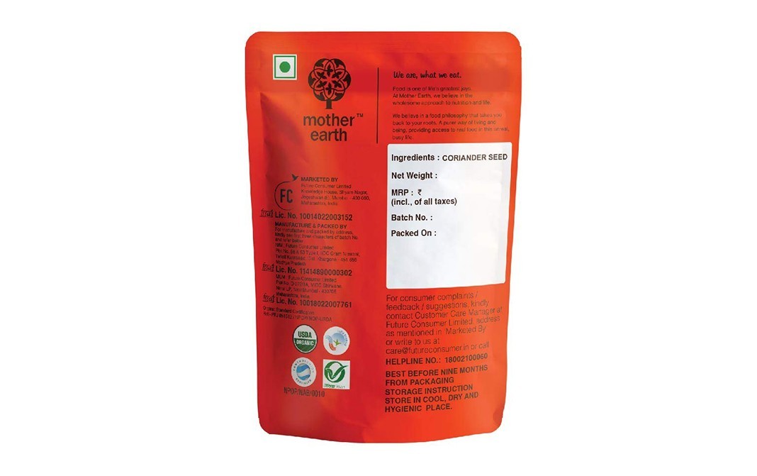Mother Earth Organics Coriander Seed    Pack  100 grams